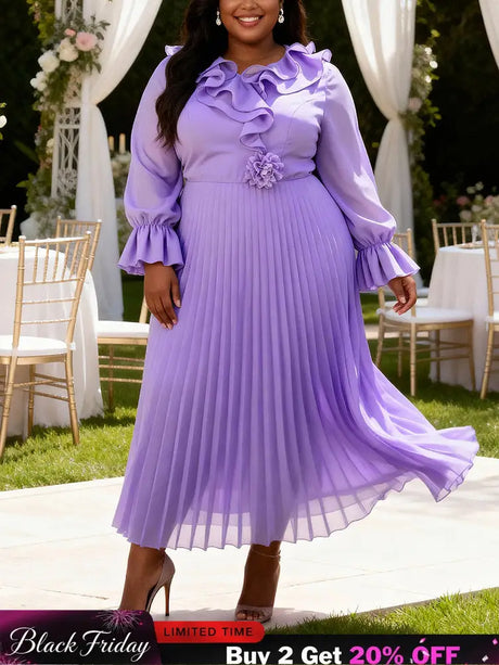 AOMEIDRESS A Line Chiffon Plated Dress Ruffles Neck Puff Sleeve Gowns - Lavender / L