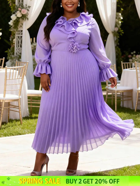 AOMEIDRESS A Line Chiffon Plated Dress Ruffles Neck Puff Sleeve Gowns - Lavender / L