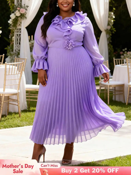 AOMEIDRESS A Line Chiffon Plated Dress Ruffles Neck Puff Sleeve Gowns - Lavender / L