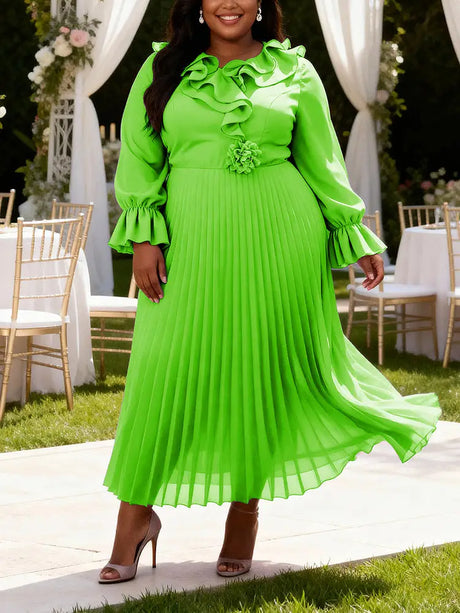 AOMEIDRESS A Line Chiffon Plated Dress Ruffles Neck Puff Sleeve Gowns - LightGreen / L