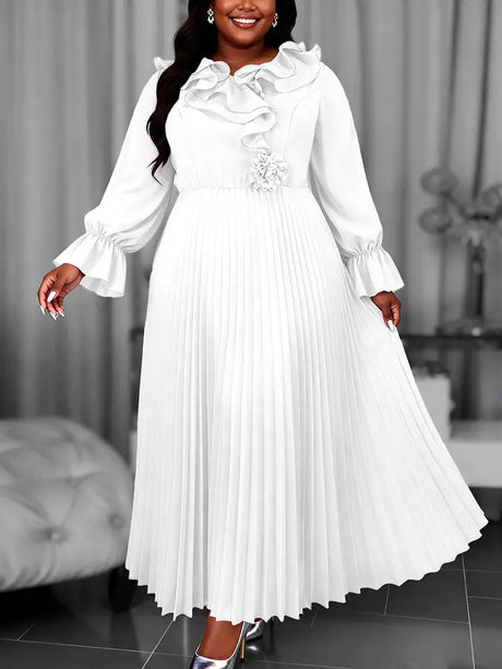 AOMEIDRESS A Line Chiffon Plated Dress Ruffles Neck Puff Sleeve Gowns - White / L