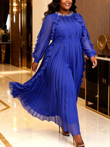 AOMEIDRESS A Line Chiffon Pleated Dress O Neck Beading Ruffles Sleeve