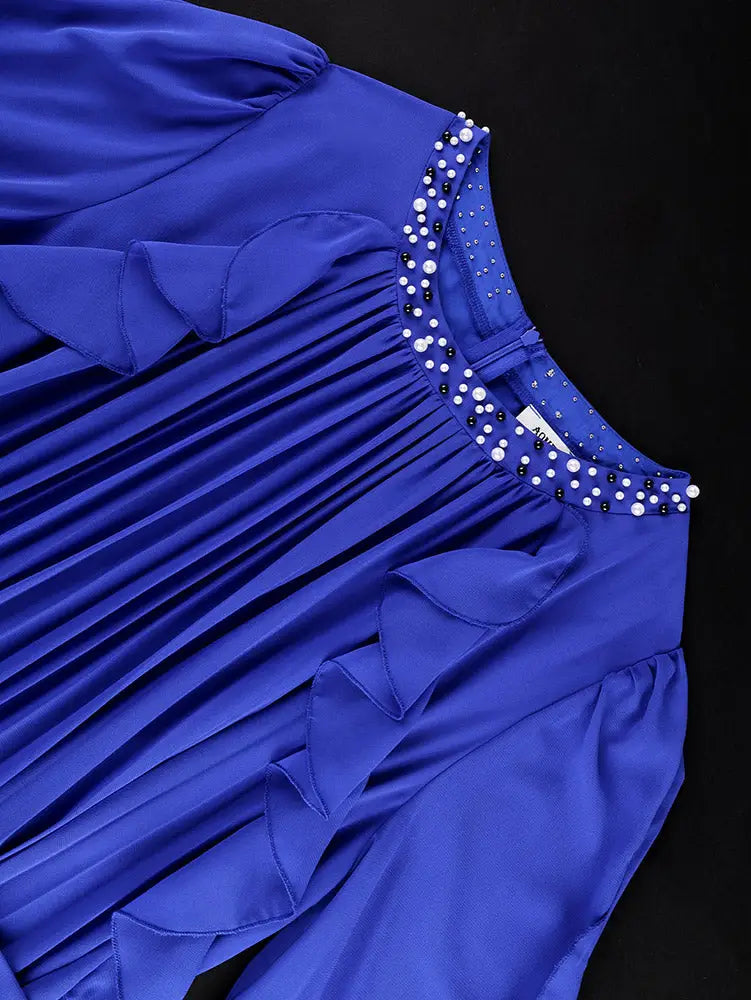 AOMEIDRESS A Line Chiffon Pleated Dress O Neck Beading Ruffles Sleeve