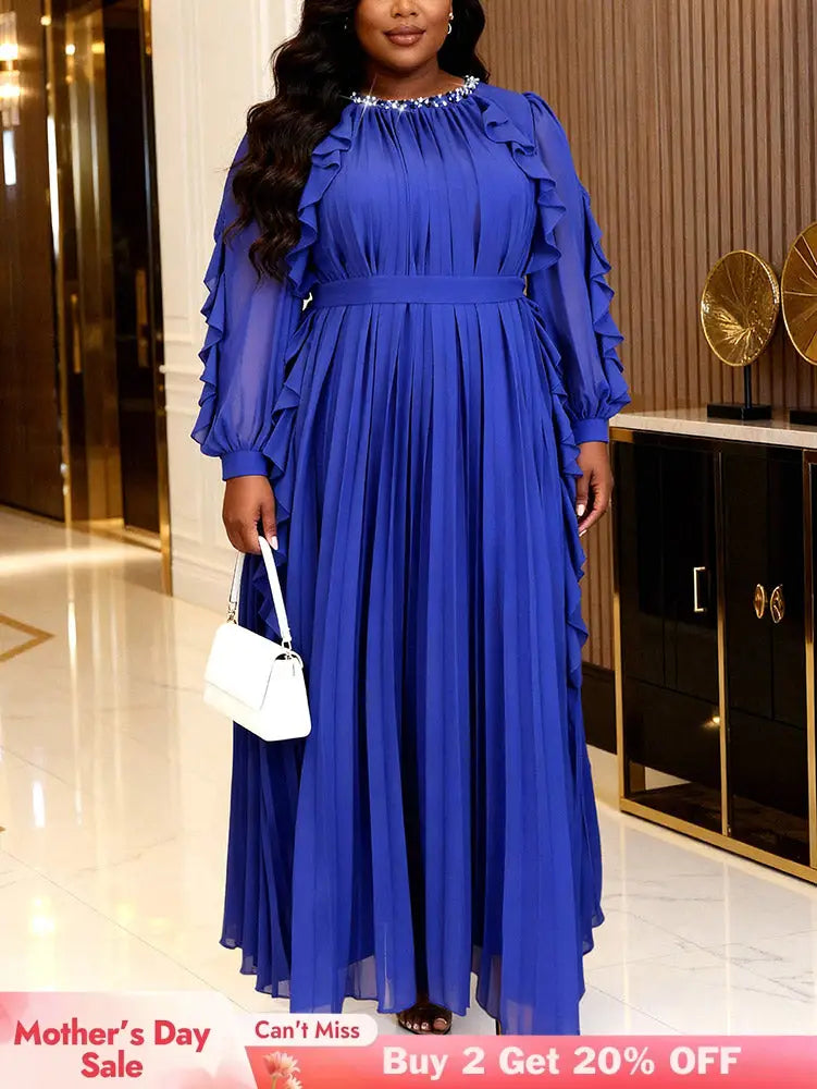 AOMEIDRESS A Line Chiffon Pleated Dress O Neck Beading Ruffles Sleeve - Blue / L