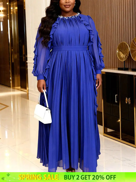 AOMEIDRESS A Line Chiffon Pleated Dress O Neck Beading Ruffles Sleeve - Blue / L