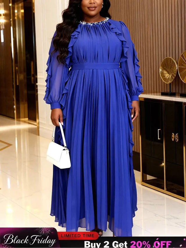 AOMEIDRESS A Line Chiffon Pleated Dress O Neck Beading Ruffles Sleeve - Blue / L