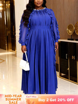 AOMEIDRESS A Line Chiffon Pleated Dress O Neck Beading Ruffles Sleeve - Blue / L