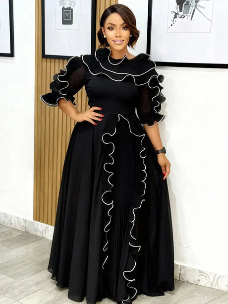 AOMEIDRESS A Line Chiffon Pleated Dress Slanted Collars ColorBlock - Black / 0XL