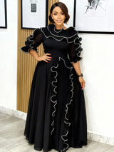 AOMEIDRESS A Line Chiffon Pleated Dress Slanted Collars ColorBlock - Black / 0XL