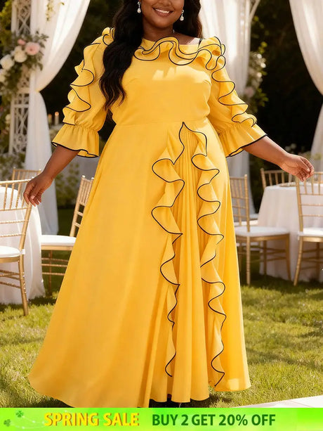 AOMEIDRESS A Line Chiffon Pleated Dress Slanted Collars ColorBlock - Yellow / 0XL