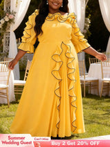 AOMEIDRESS A Line Chiffon Pleated Dress Slanted Collars ColorBlock - Yellow / 0XL