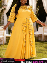 AOMEIDRESS A Line Chiffon Pleated Dress Slanted Collars ColorBlock - Yellow / 0XL