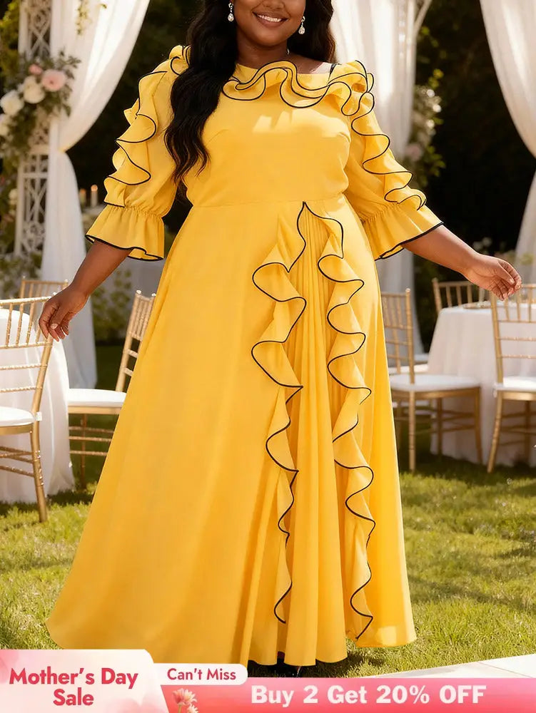 AOMEIDRESS A Line Chiffon Pleated Dress Slanted Collars ColorBlock - Yellow / 0XL