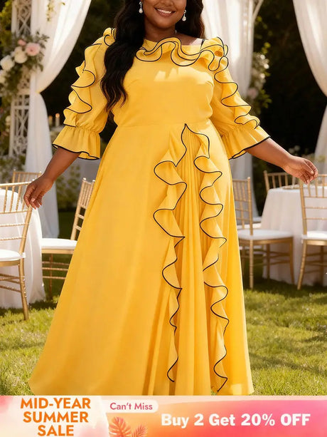 AOMEIDRESS A Line Chiffon Pleated Dress Slanted Collars ColorBlock - Yellow / 0XL