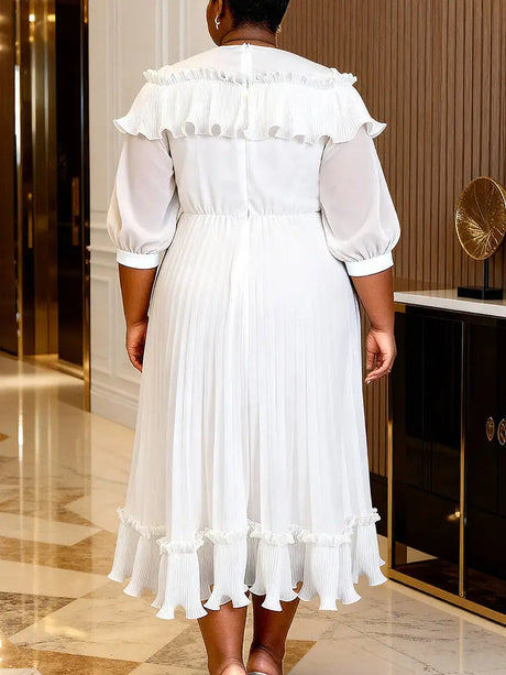 AOMEIDRESS A Line Chiffon Pleated Dress V Neck Ruffles Lantern Sleeve