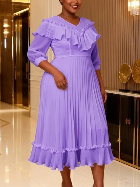 AOMEIDRESS A Line Chiffon Pleated Dress V Neck Ruffles Lantern Sleeve - Pale purple / 0XL