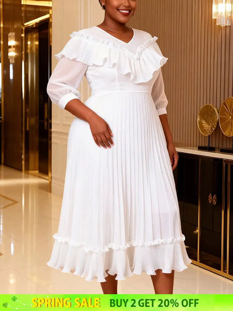 AOMEIDRESS A Line Chiffon Pleated Dress V Neck Ruffles Lantern Sleeve - White / 0XL