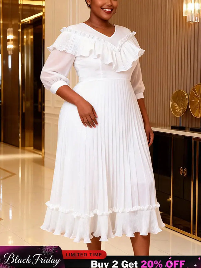 AOMEIDRESS A Line Chiffon Pleated Dress V Neck Ruffles Lantern Sleeve - White / 0XL