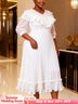 AOMEIDRESS A Line Chiffon Pleated Dress V Neck Ruffles Lantern Sleeve - White / 0XL