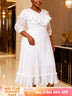 AOMEIDRESS A Line Chiffon Pleated Dress V Neck Ruffles Lantern Sleeve - White / 0XL