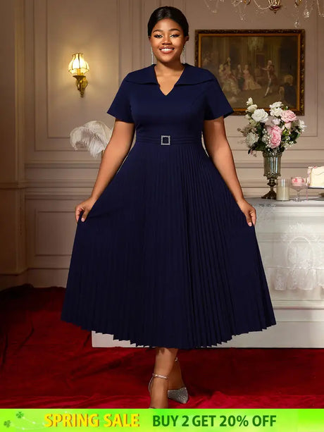 AOMEIDRESS A Line Church Dress V Neck Short Sleeve with Diamond Belt Navy / L
