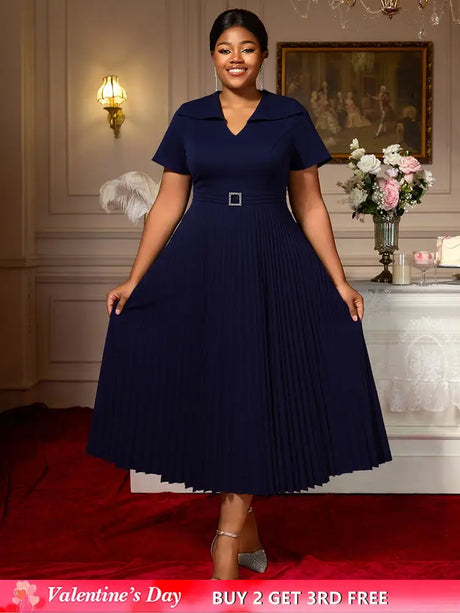 AOMEIDRESS A Line Church Dress V Neck Short Sleeve with Diamond Belt Navy / L