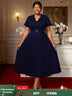 AOMEIDRESS A Line Church Dress V Neck Short Sleeve with Diamond Belt Navy / L