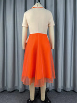 AOMEIDRESS A Line Colorblock Dresses Short Sleeves Patchwork Mesh Hem