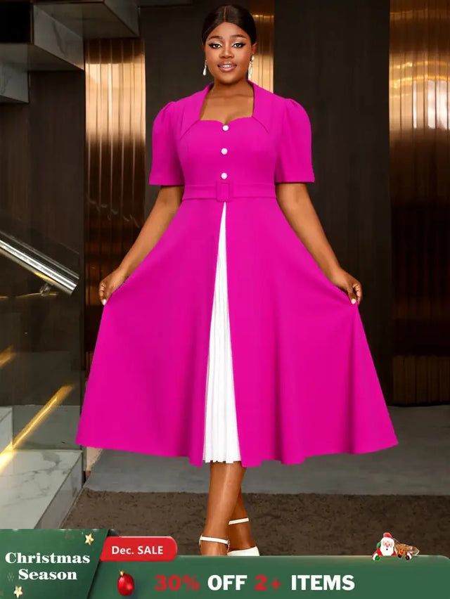 AOMEIDRESS A Line Contrast Pleated Dress Short Sleeves Party Gowns