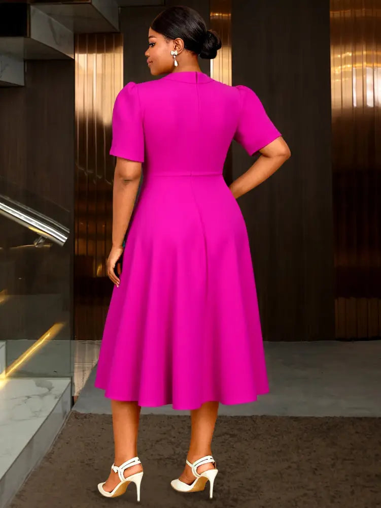 AOMEIDRESS A Line Contrast Pleated Dress Short Sleeves Party Gowns