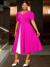 AOMEIDRESS A Line Contrast Pleated Dress Short Sleeves Party Gowns