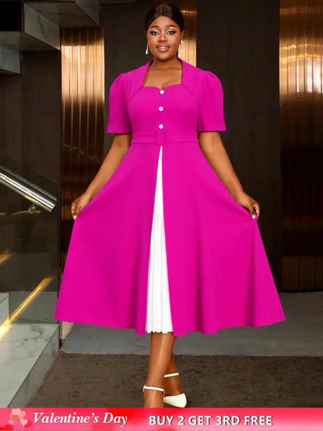 AOMEIDRESS A Line Contrast Pleated Dress Short Sleeves Party Gowns