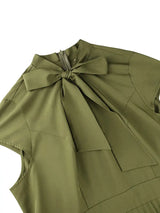 AOMEIDRESS A Line Dress Bow Tie Neck Short Sleeves Pleated Hem Office