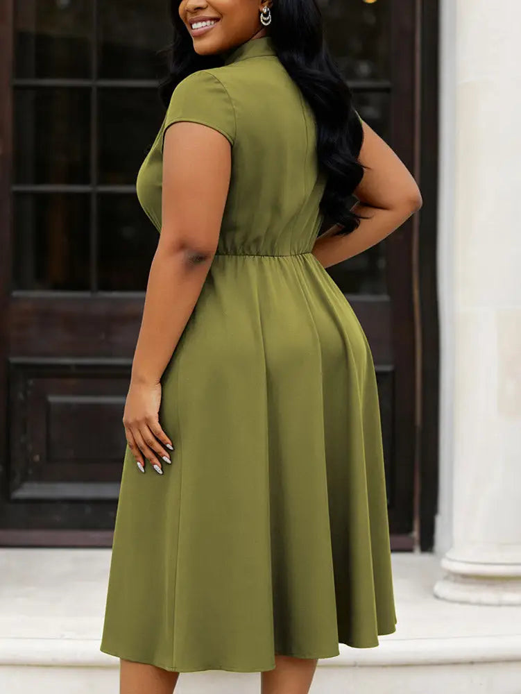 AOMEIDRESS A Line Dress Bow Tie Neck Short Sleeves Pleated Hem Office