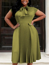 AOMEIDRESS A Line Dress Bow Tie Neck Short Sleeves Pleated Hem Office