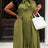 AOMEIDRESS A Line Dress Bow Tie Neck Short Sleeves Pleated Hem Office - ArmyGreen / L