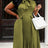 AOMEIDRESS A Line Dress Bow Tie Neck Short Sleeves Pleated Hem Office - ArmyGreen / L