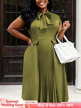 AOMEIDRESS A Line Dress Bow Tie Neck Short Sleeves Pleated Hem Office - ArmyGreen / L