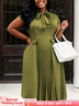 AOMEIDRESS A Line Dress Bow Tie Neck Short Sleeves Pleated Hem Office - ArmyGreen / L