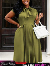AOMEIDRESS A Line Dress Bow Tie Neck Short Sleeves Pleated Hem Office - ArmyGreen / L