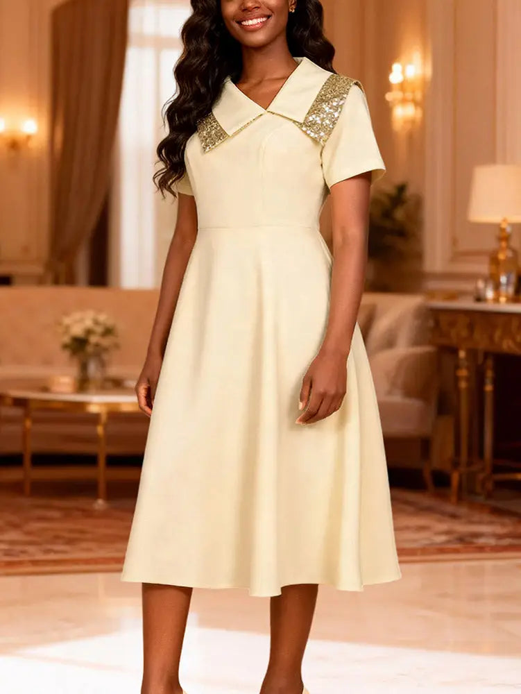 AOMEIDRESS A Line Dress Irregular Neck Sequin Collared Short Sleeves