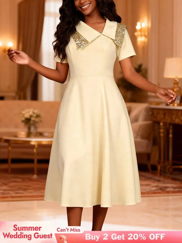 AOMEIDRESS A Line Dress Irregular Neck Sequin Collared Short Sleeves - champagne / S