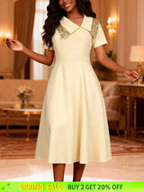 AOMEIDRESS A Line Dress Irregular Neck Sequin Collared Short Sleeves - champagne / S