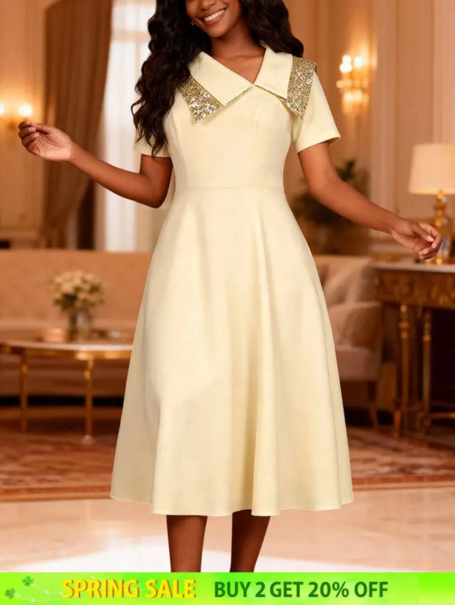 AOMEIDRESS A Line Dress Irregular Neck Sequin Collared Short Sleeves - champagne / S