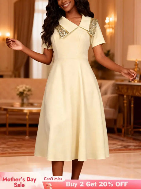 AOMEIDRESS A Line Dress Irregular Neck Sequin Collared Short Sleeves - champagne / S