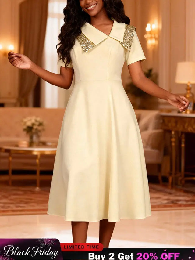 AOMEIDRESS A Line Dress Irregular Neck Sequin Collared Short Sleeves - champagne / S