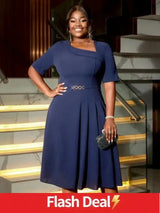 AOMEIDRESS A Line Dress Navy Asymmetrical Neck Short Sleeve Pleated