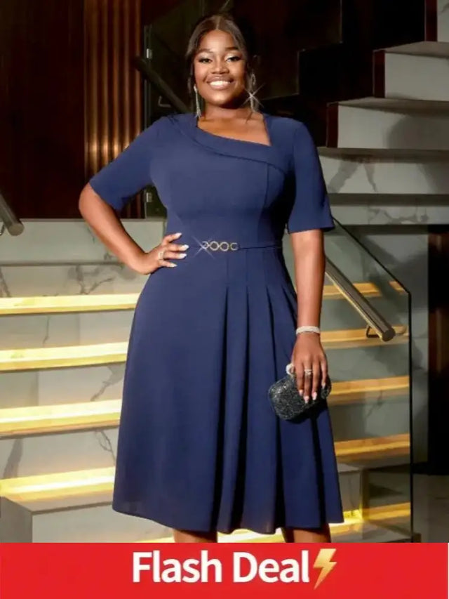 AOMEIDRESS A Line Dress Navy Asymmetrical Neck Short Sleeve Pleated