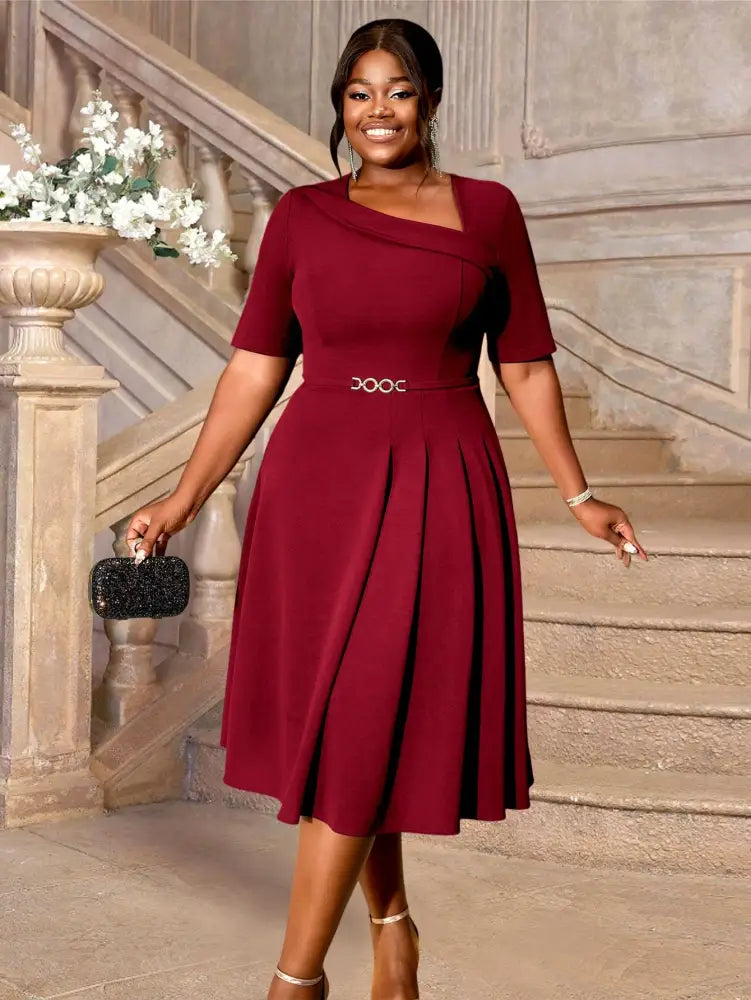 AOMEIDRESS A Line Dress Navy Asymmetrical Neck Short Sleeve Pleated Wine / S