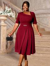 AOMEIDRESS A Line Dress Navy Asymmetrical Neck Short Sleeve Pleated Wine / S